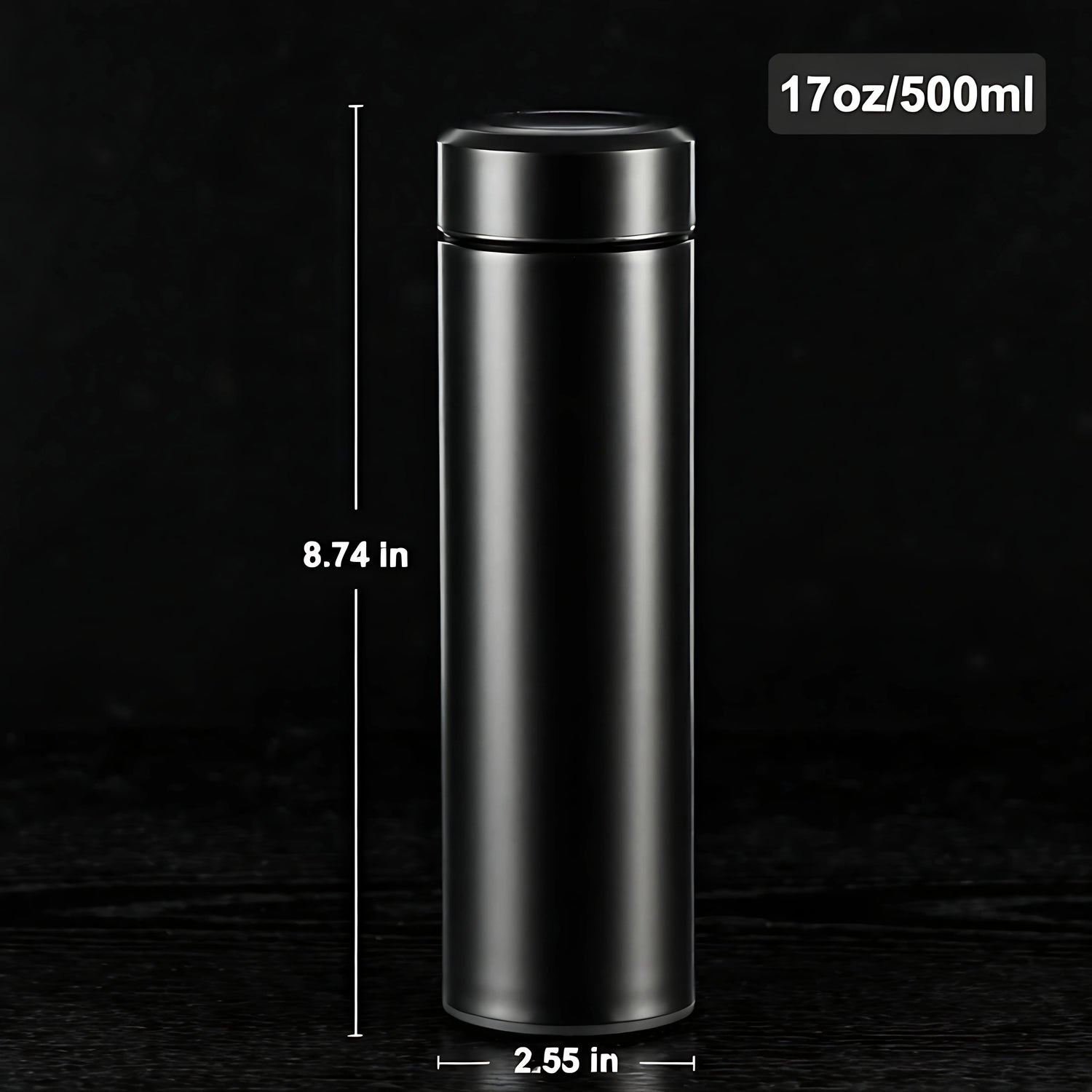 LumoSip black smart bottle with LED display and dimensions labeled — 500ml insulated water bottle