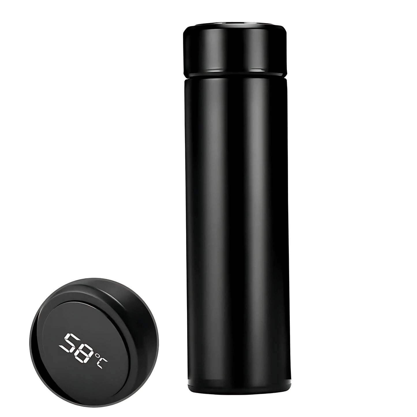 Black Lumosip thermos bottle with detached closing cap placed beside it