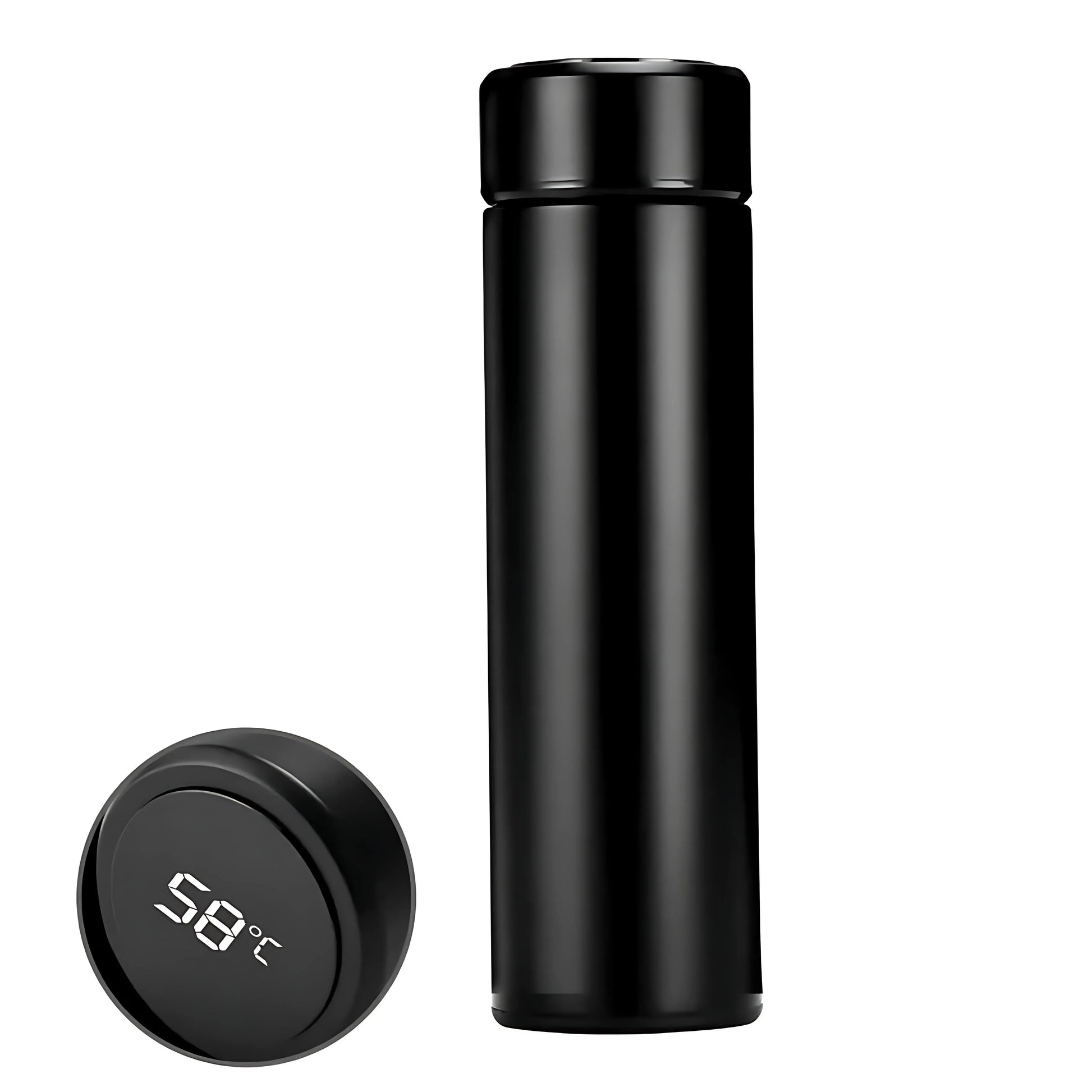 Black Lumosip thermos bottle with detached closing cap placed beside it