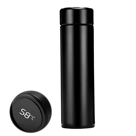 Black Lumosip thermos bottle with detached closing cap placed beside it
