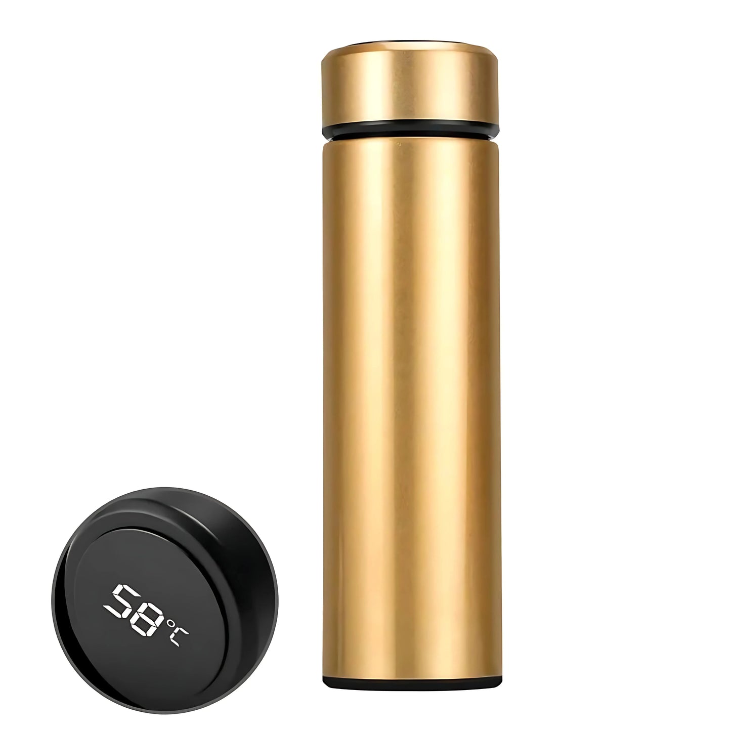 Gold Lumosip thermos bottle with detached closing cap placed beside it