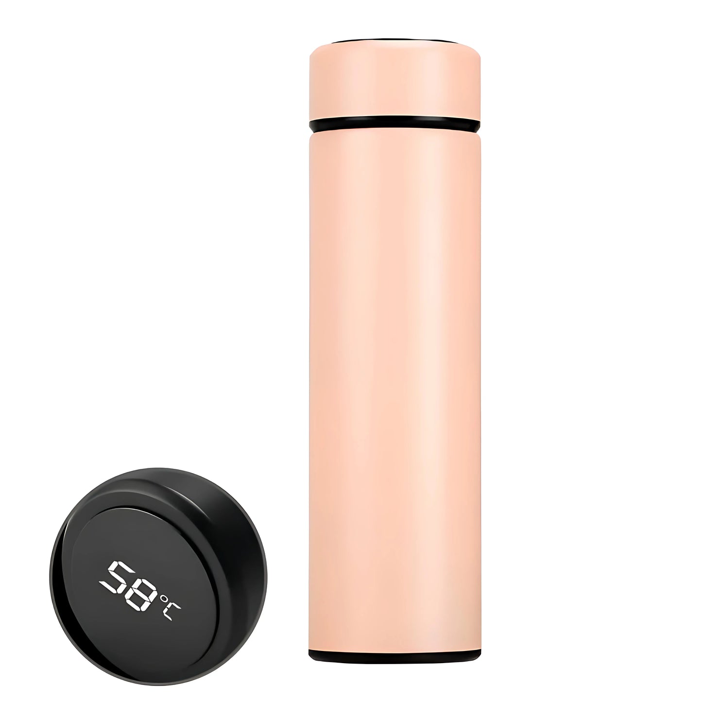 Pink Lumosip thermos bottle with detached closing cap placed beside it