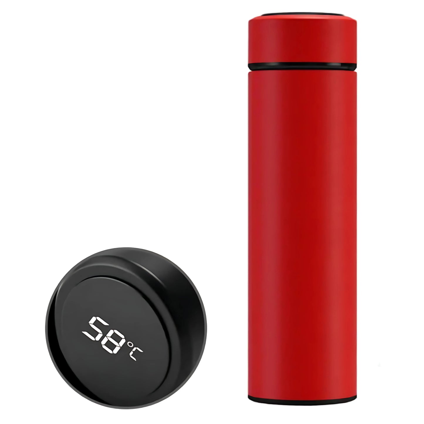 Red Lumosip thermos bottle with detached closing cap placed beside it