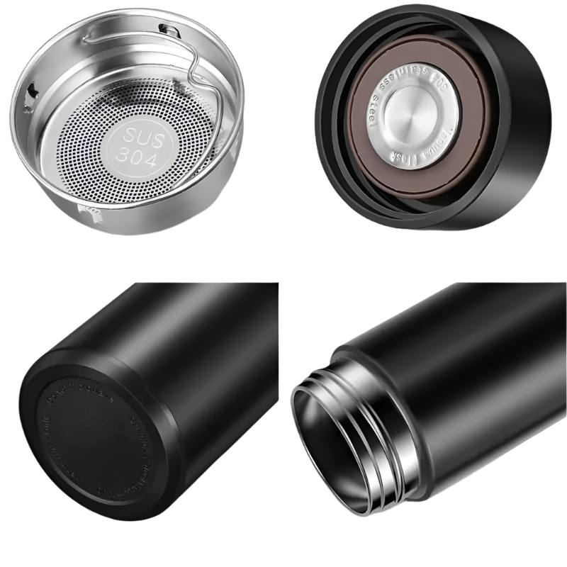 Lumosip thermos bottle shown from both sides with tea filter and rear view of bottle cap revealing built-in smart chip
